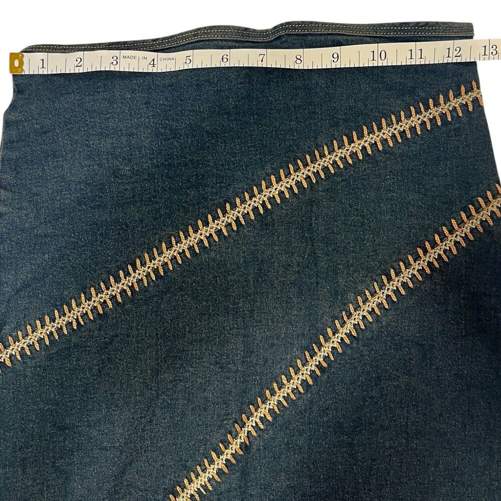 Y2K Denim Midi Skirt Small Fitted Boho Festival Bold Stitching Detail Jean Skirt - Picture 5 of 12